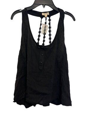 Black Sleeveless Lace Back Tank Top With Button Front & Floral Embellishments